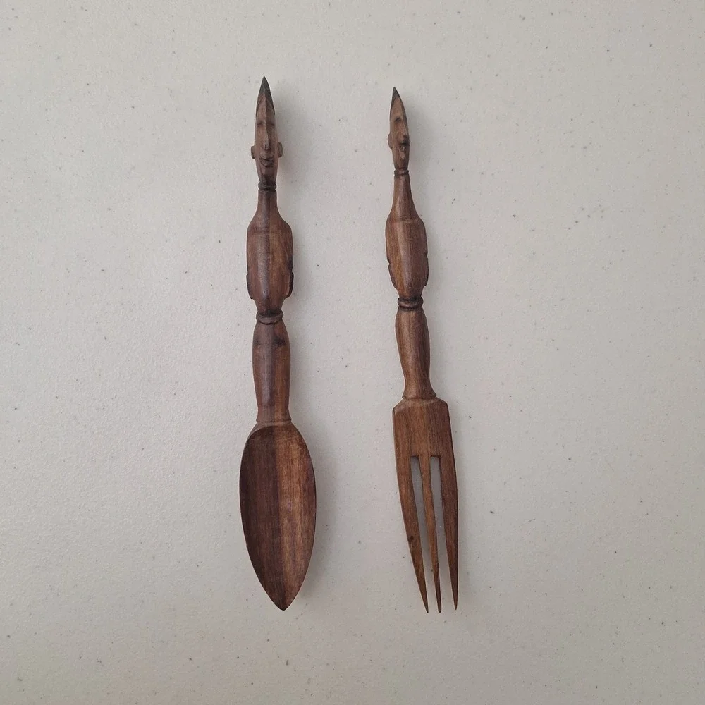 Vintage African Hand Carved Wooden Tribal Man and Woman Servers Utensils 10